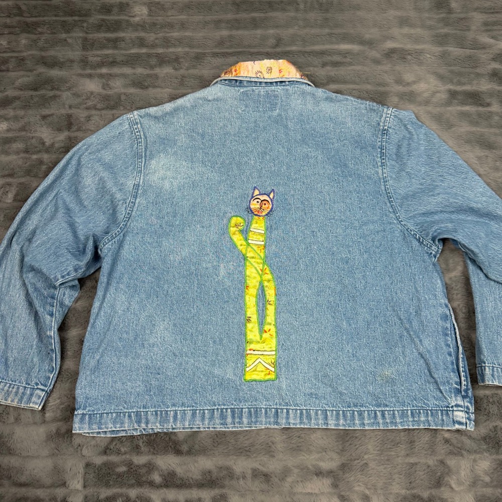 Tantrums Vintage Denim Cat Applique Jacket Blue Cotton Petite XL PXL Colorful - Picture 6 of 8